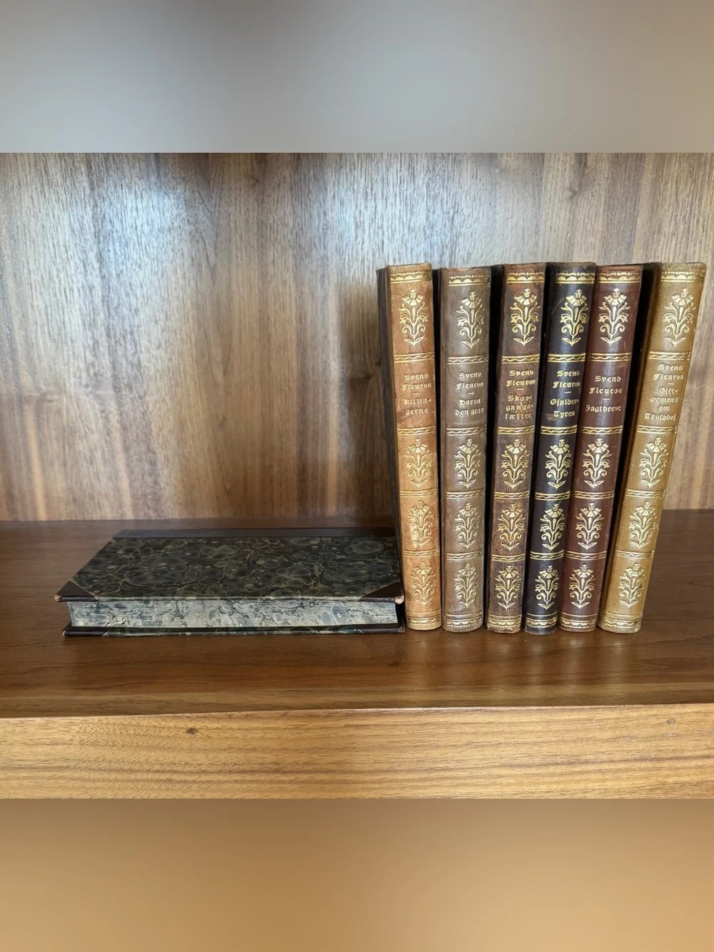 Antique Decorative Leather Book Set in Brown and Marbled Green